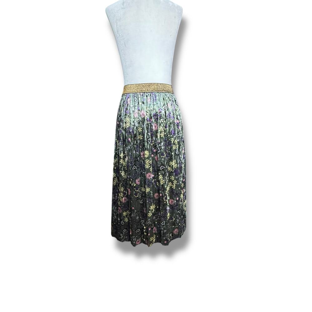 ModCloth Green Floral Pleated Velvet Midi Skirt Gold Glitter Waist Romantic - Picture 7 of 11